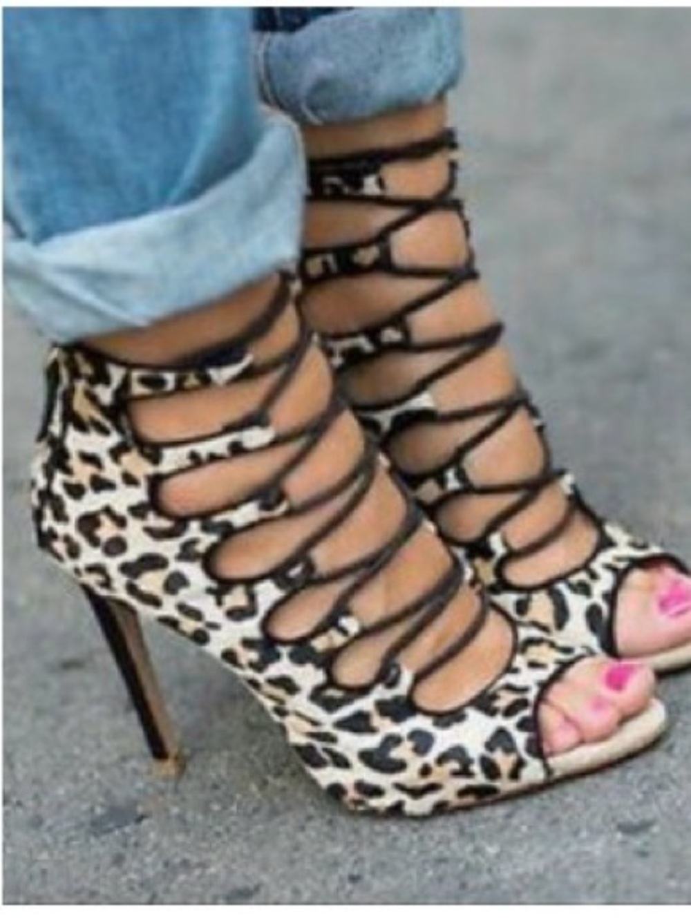 Zara calf hair leopard print Lace-Up Peep Toe Heels - Black & Beige sz 39 8US